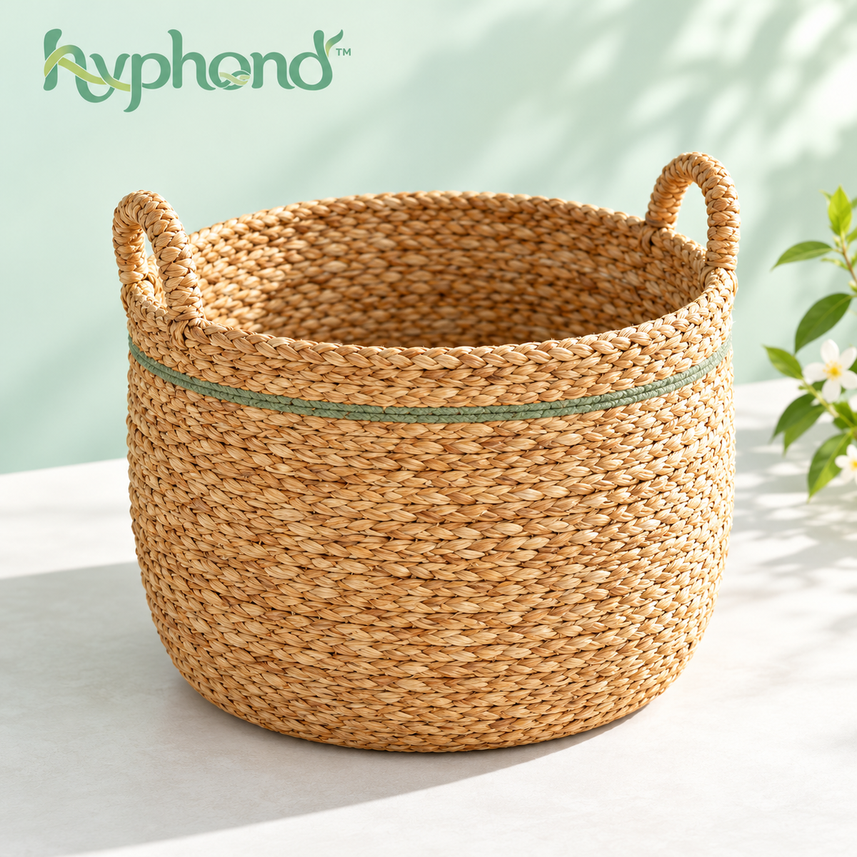 hyphond™ Meadow Loop Woven Seagrass Basket — Round Storage Basket with Handles for Throws, Towels & Living Room Organization