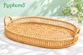hyphond™ Willow Arc Rattan Tray with Handles — Oval Woven Coffee Table Tray & Countertop Organizer