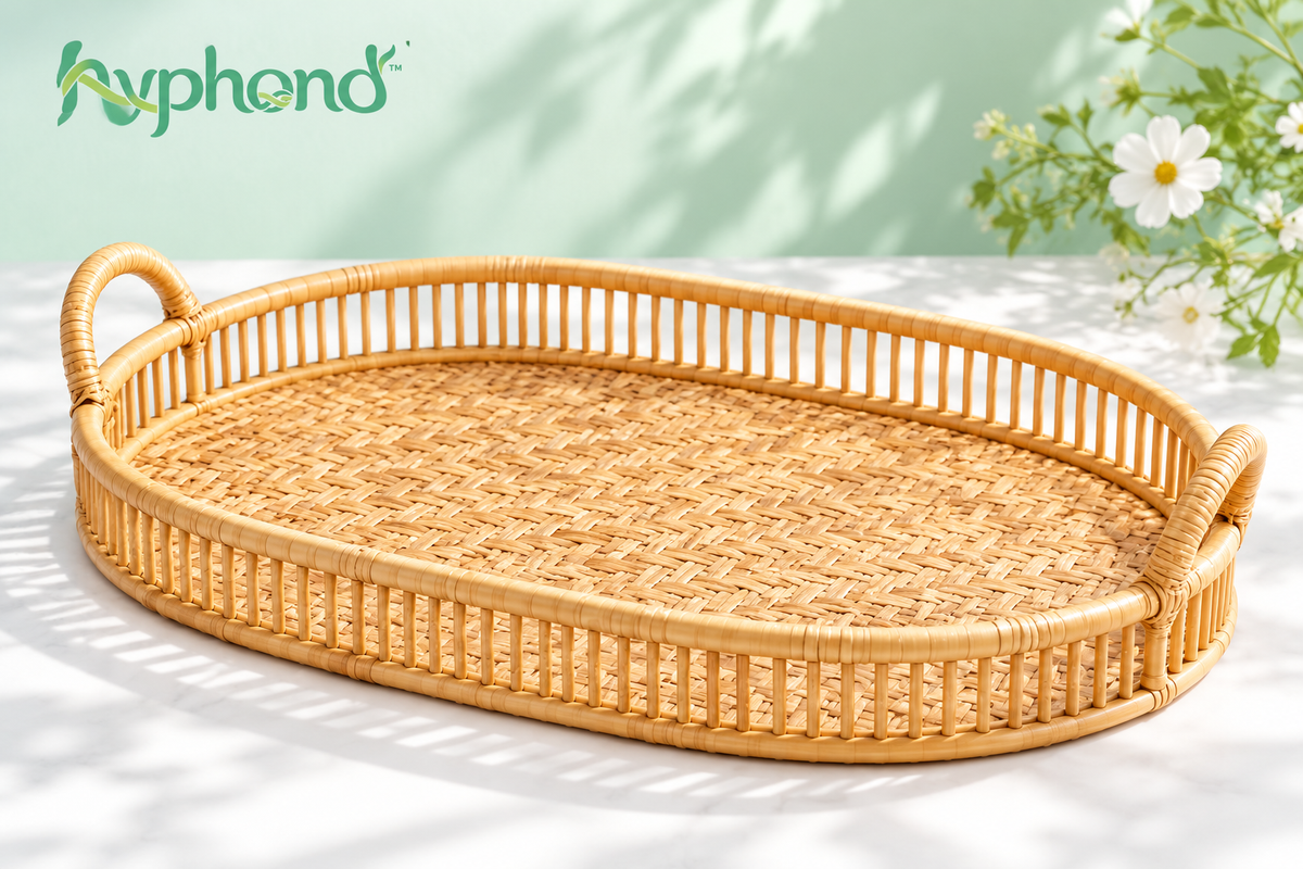 hyphond™ Willow Arc Rattan Tray with Handles — Oval Woven Coffee Table Tray & Countertop Organizer