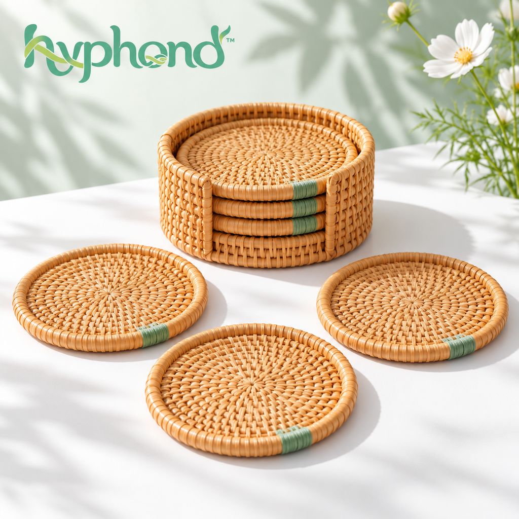 hyphond™ Dewdrop Ring Rattan Coasters with Holder, Set of 6 — Round Woven Drink Coasters for Coffee Tables & Desks