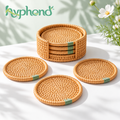 hyphond™ Dewdrop Ring Rattan Coasters with Holder, Set of 6 — Round Woven Drink Coasters for Coffee Tables & Desks