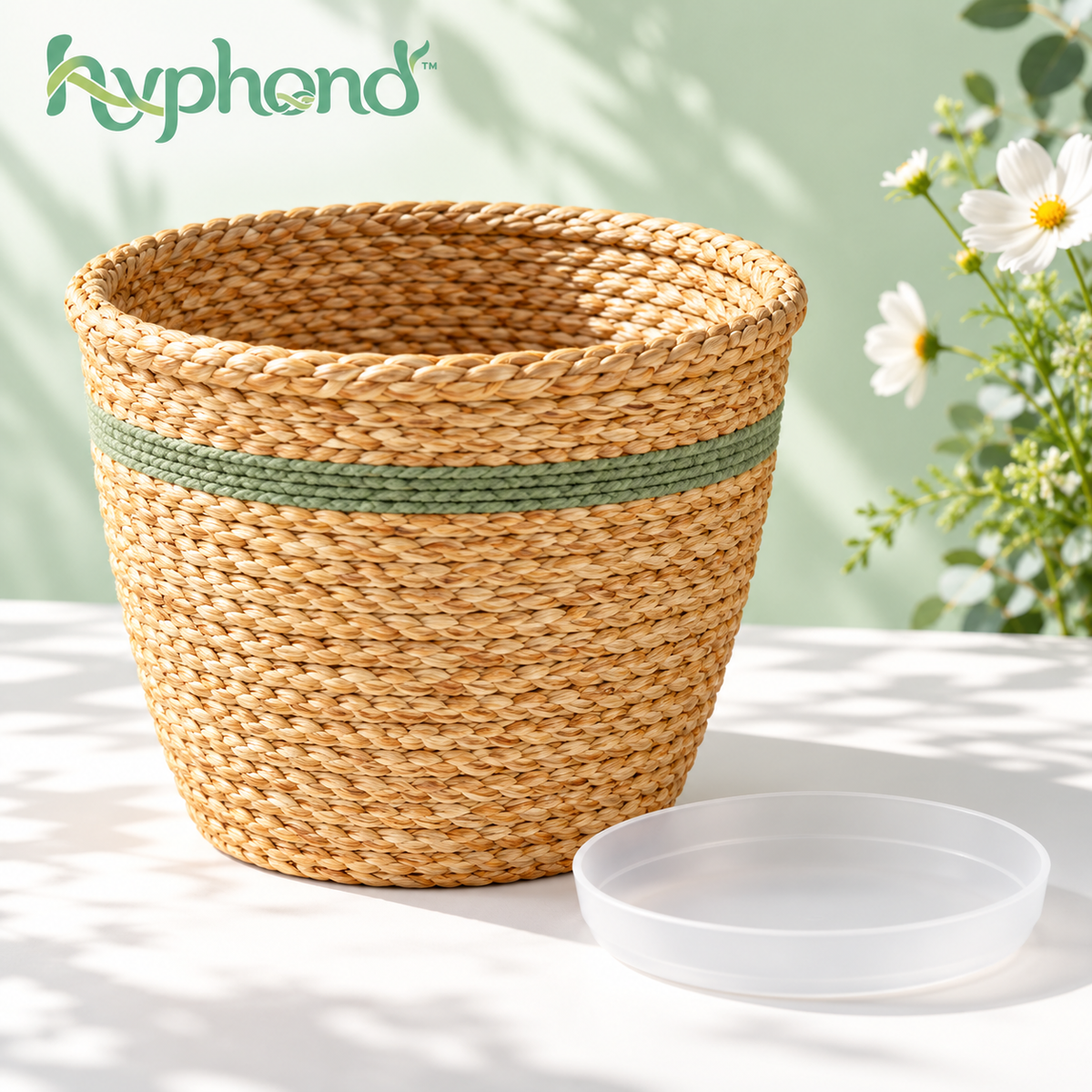 hyphond™ Fern Nest Woven Seagrass Planter Basket — Decorative Indoor Pot Cover with Removable Saucer for 8-Inch Nursery Pots