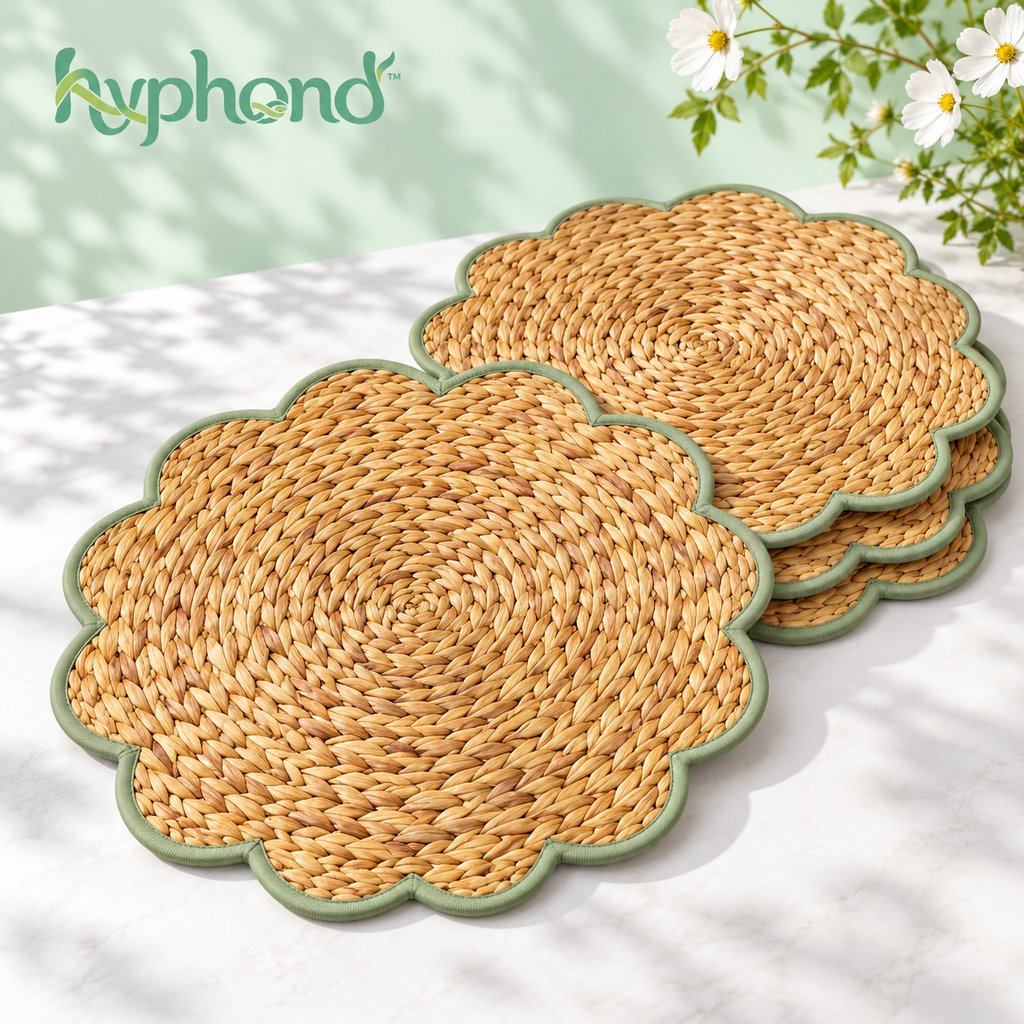 hyphond™ Petal Border Woven Water Hyacinth Placemats, Set of 4 — 15-Inch Round Natural Table Mats with Scalloped Edges