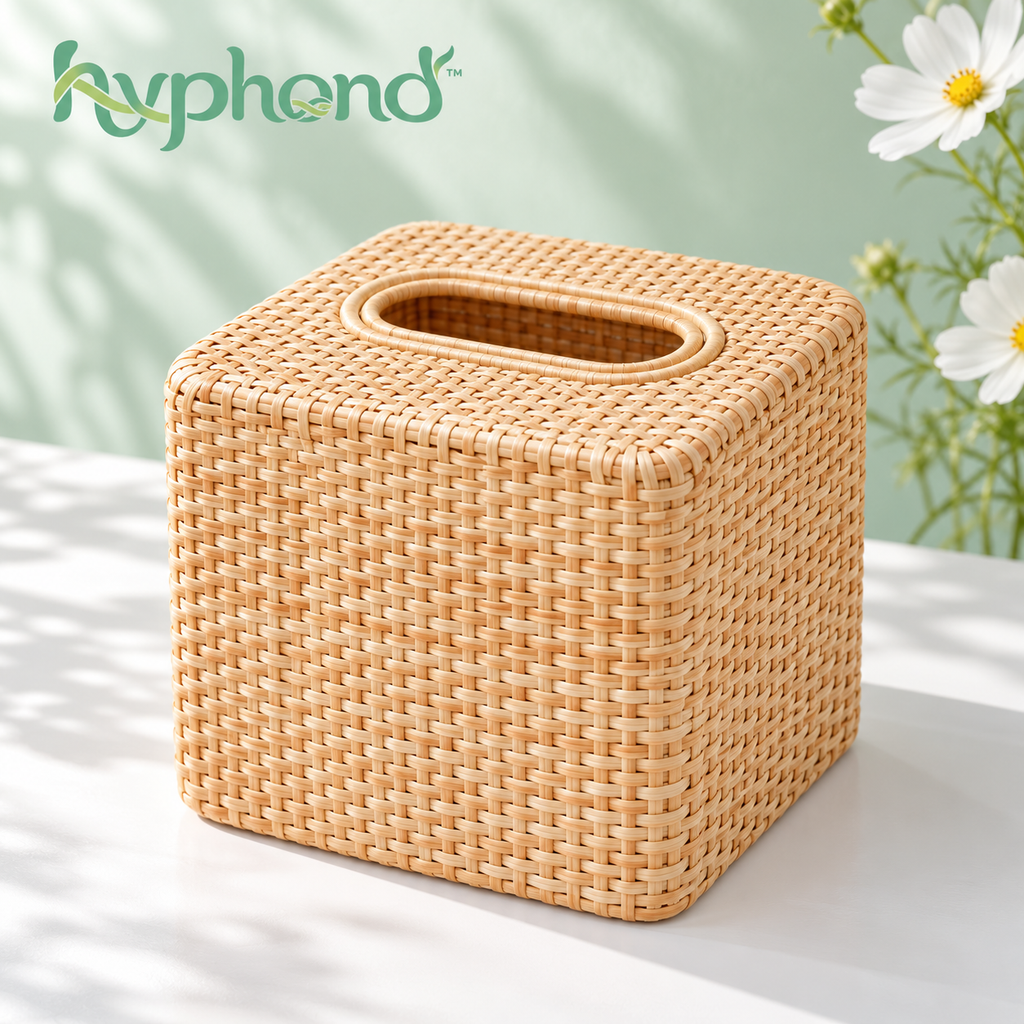 hyphond™ Quiet Square Rattan Tissue Box Cover — Woven Cube Tissue Holder for Bathroom Vanities, Bedrooms & Desks