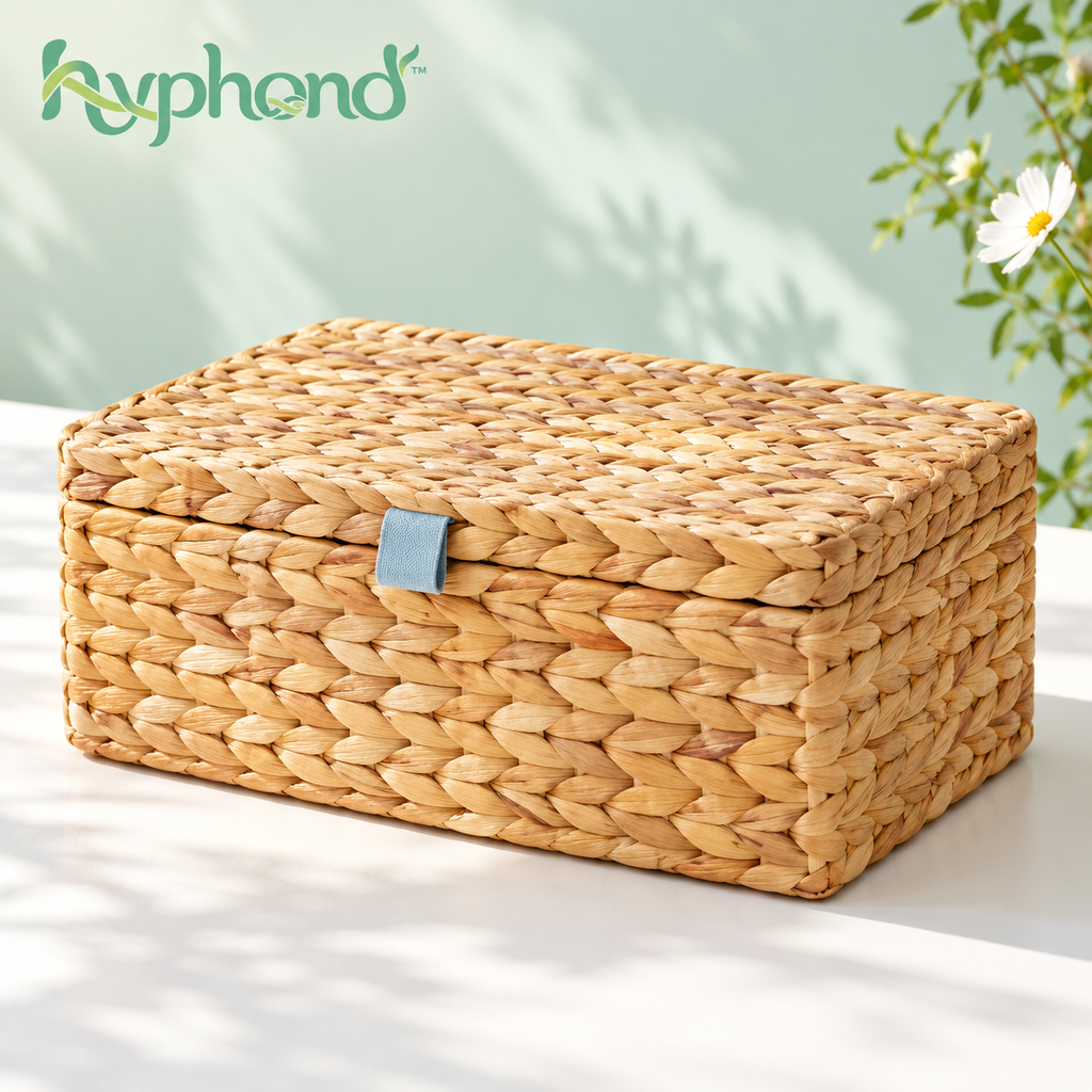 hyphond™ Ribbon Row Woven Water Hyacinth Storage Box — Rectangular Lidded Organizer for Remotes, Cables & Shelf Storage