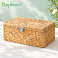 hyphond™ Ribbon Row Woven Water Hyacinth Storage Box — Rectangular Lidded Organizer for Remotes, Cables & Shelf Storage