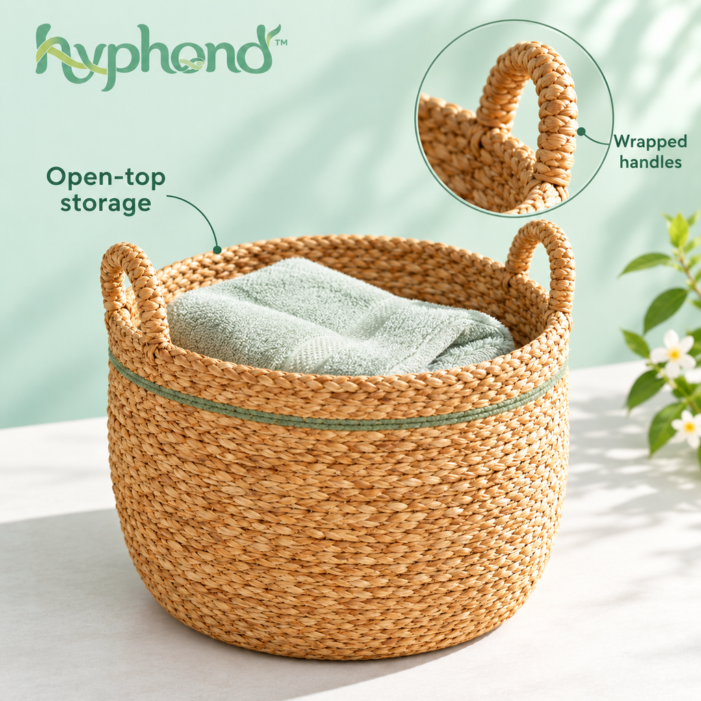 hyphond™ Meadow Loop Woven Seagrass Basket — Round Storage Basket with Handles for Throws, Towels & Living Room Organization