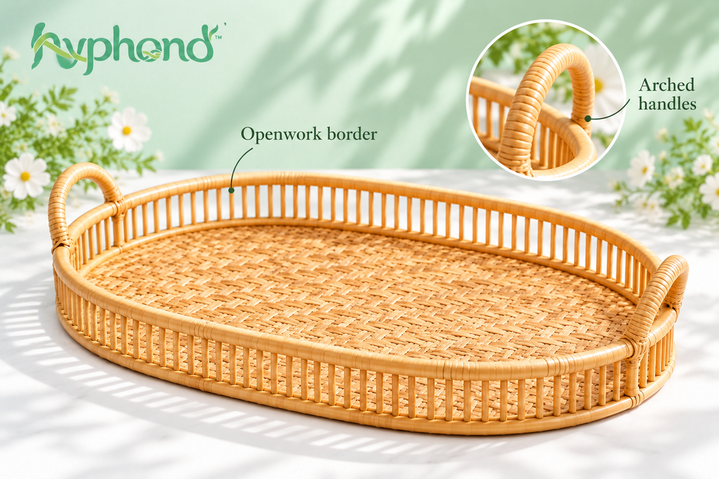 hyphond™ Willow Arc Rattan Tray with Handles — Oval Woven Coffee Table Tray & Countertop Organizer