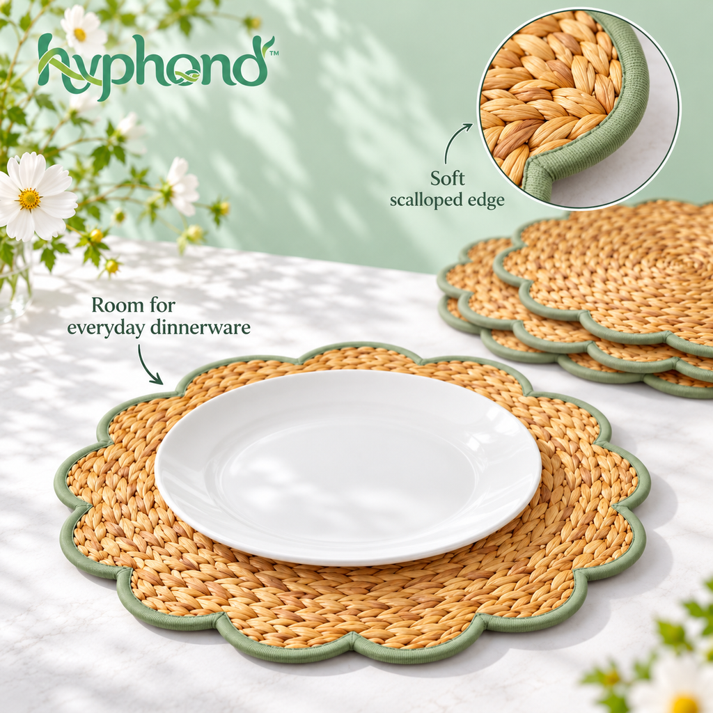 hyphond™ Petal Border Woven Water Hyacinth Placemats, Set of 4 — 15-Inch Round Natural Table Mats with Scalloped Edges
