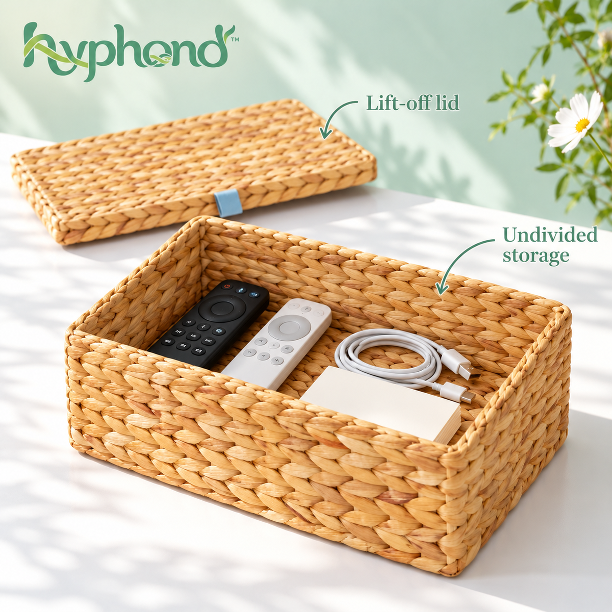 hyphond™ Ribbon Row Woven Water Hyacinth Storage Box — Rectangular Lidded Organizer for Remotes, Cables & Shelf Storage