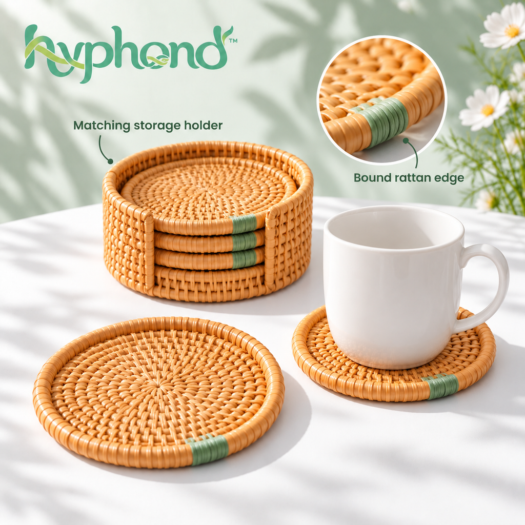 hyphond™ Dewdrop Ring Rattan Coasters with Holder, Set of 6 — Round Woven Drink Coasters for Coffee Tables & Desks