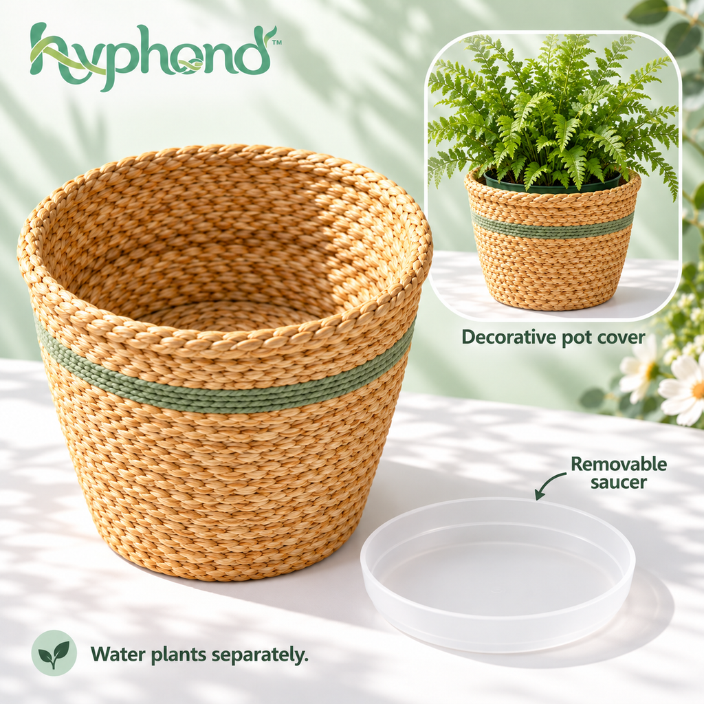 hyphond™ Fern Nest Woven Seagrass Planter Basket — Decorative Indoor Pot Cover with Removable Saucer for 8-Inch Nursery Pots