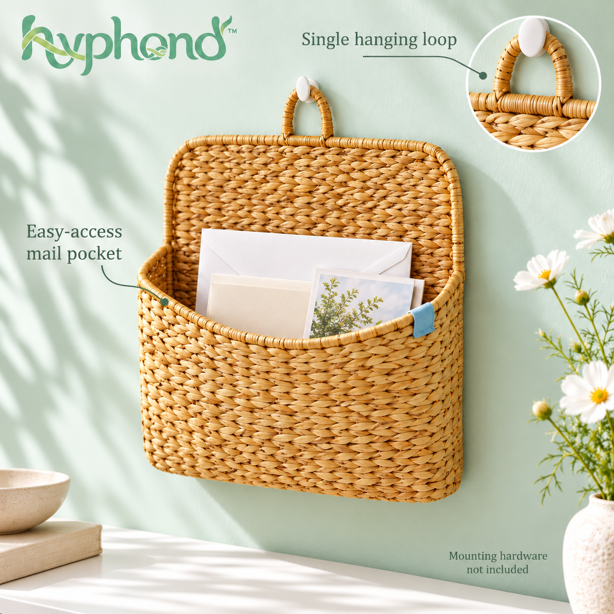 hyphond™ Letterleaf Woven Seagrass Wall Basket — Hanging Mail Organizer & Entryway Storage Pocket