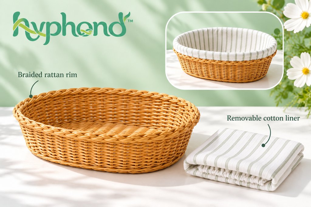 hyphond™ Morning Fold Rattan Bread Basket — Oval Tabletop Roll Basket with Removable Cotton Liner