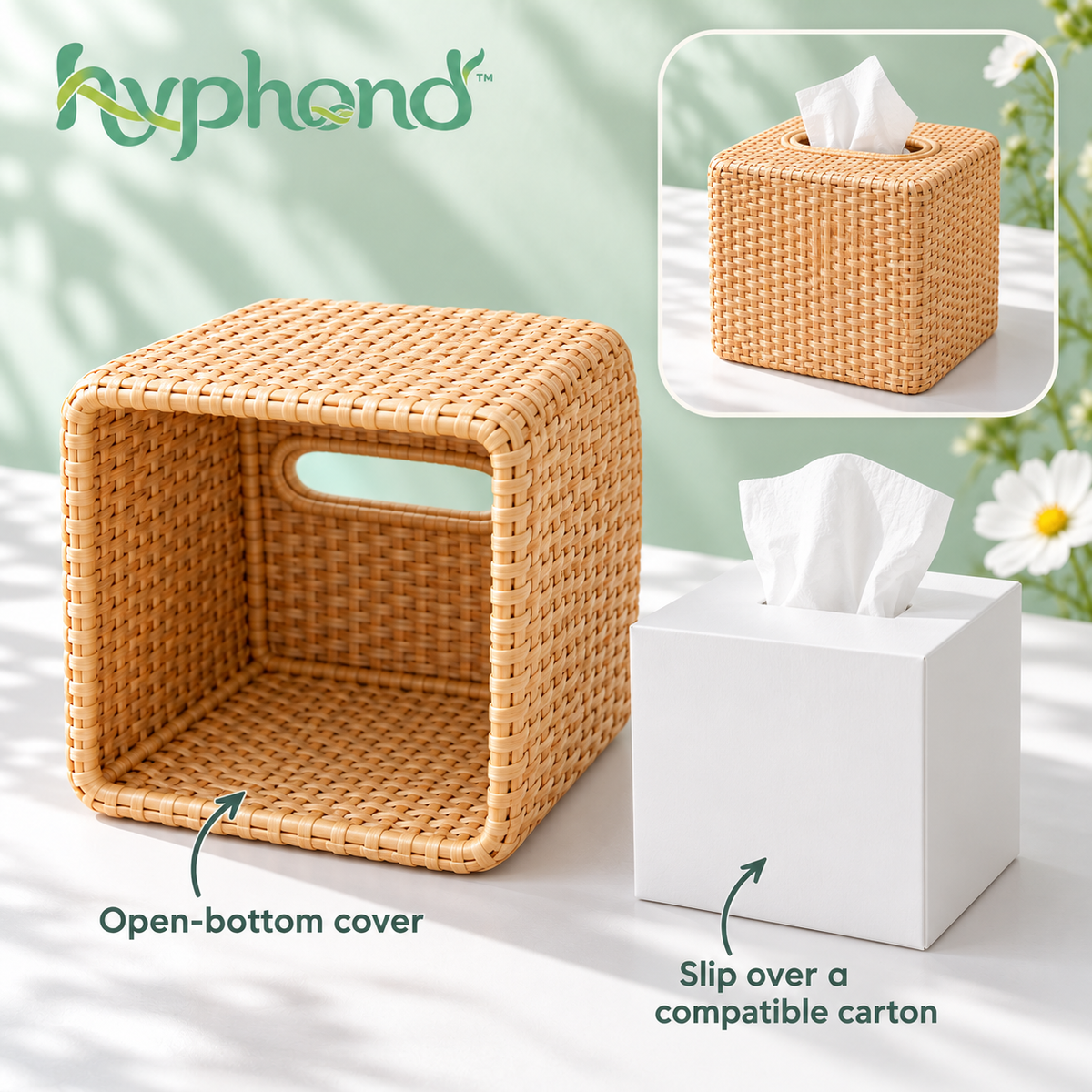 hyphond™ Quiet Square Rattan Tissue Box Cover — Woven Cube Tissue Holder for Bathroom Vanities, Bedrooms & Desks