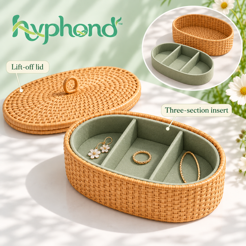 hyphond™ Keepsake Cove Rattan Jewelry Box — Oval Woven Trinket Organizer with Removable Cotton-Lined Insert
