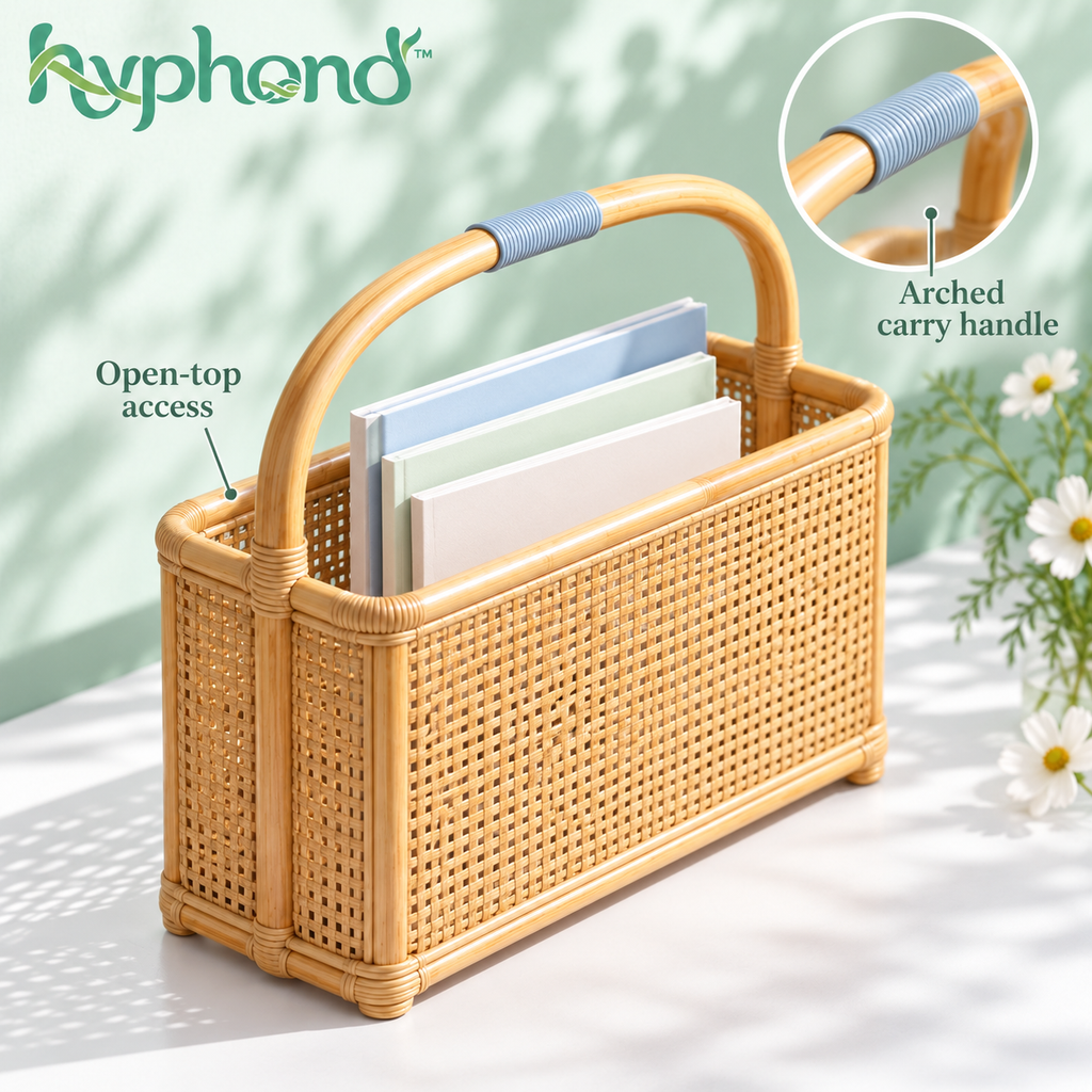 hyphond™ Page Harbor Rattan Magazine Holder — Freestanding Woven Book & Catalog Organizer with Carry Handle