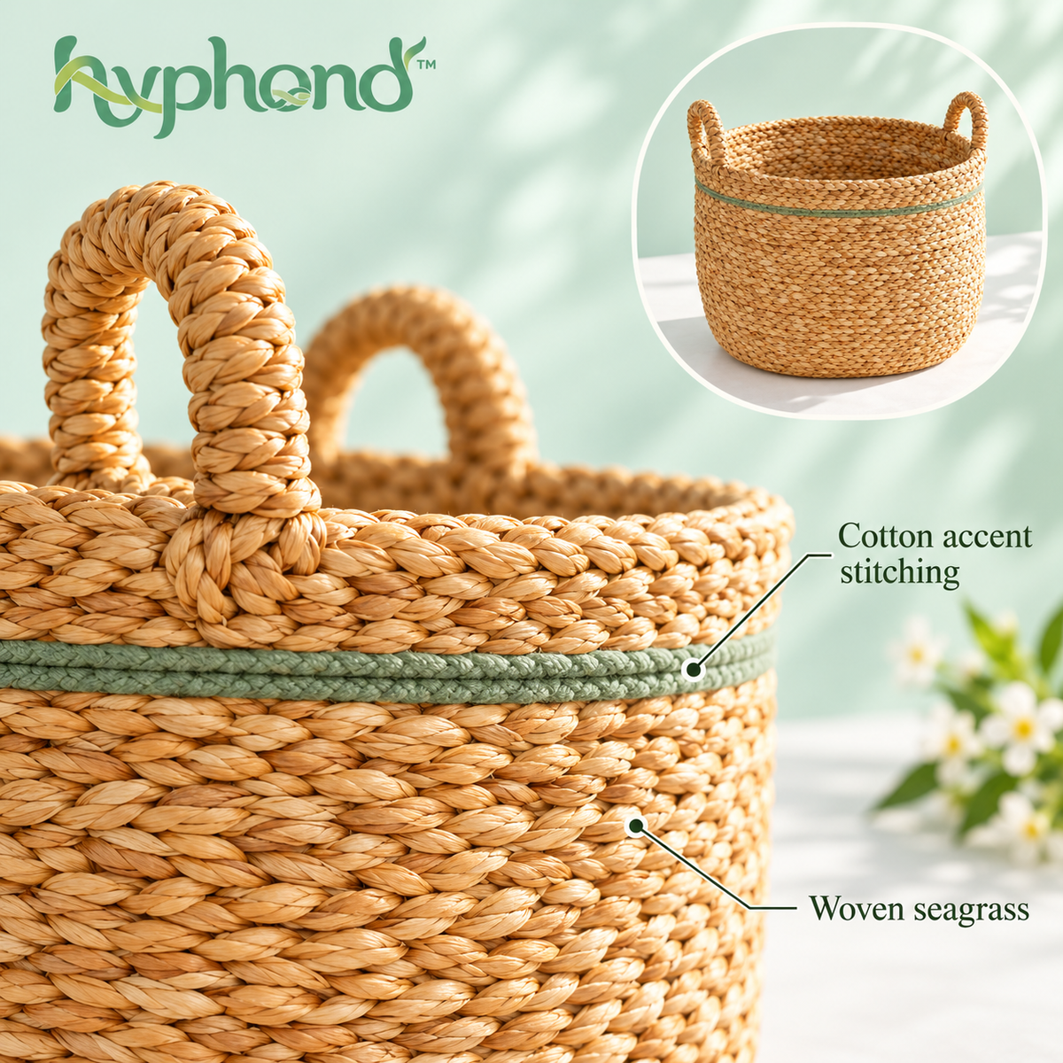 hyphond™ Meadow Loop Woven Seagrass Basket — Round Storage Basket with Handles for Throws, Towels & Living Room Organization