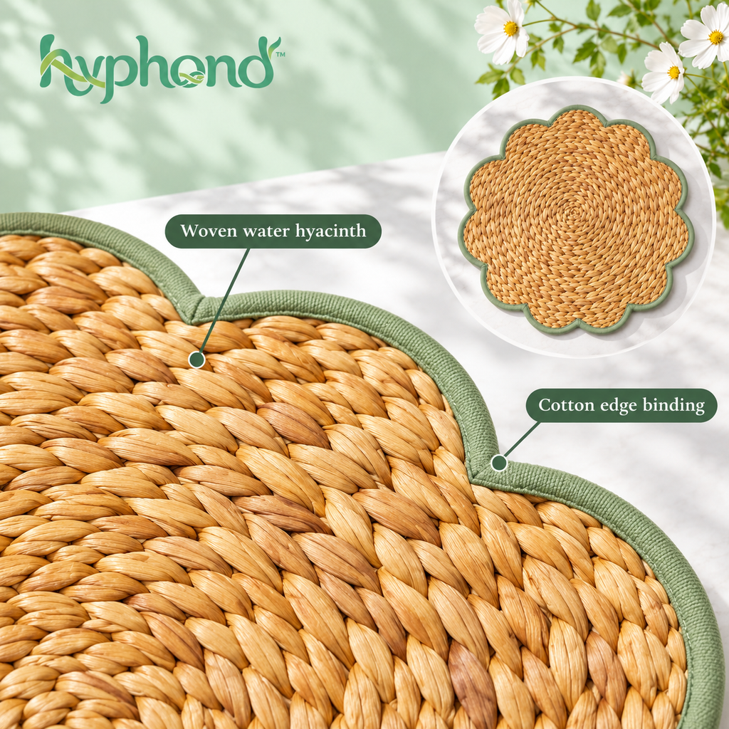 hyphond™ Petal Border Woven Water Hyacinth Placemats, Set of 4 — 15-Inch Round Natural Table Mats with Scalloped Edges