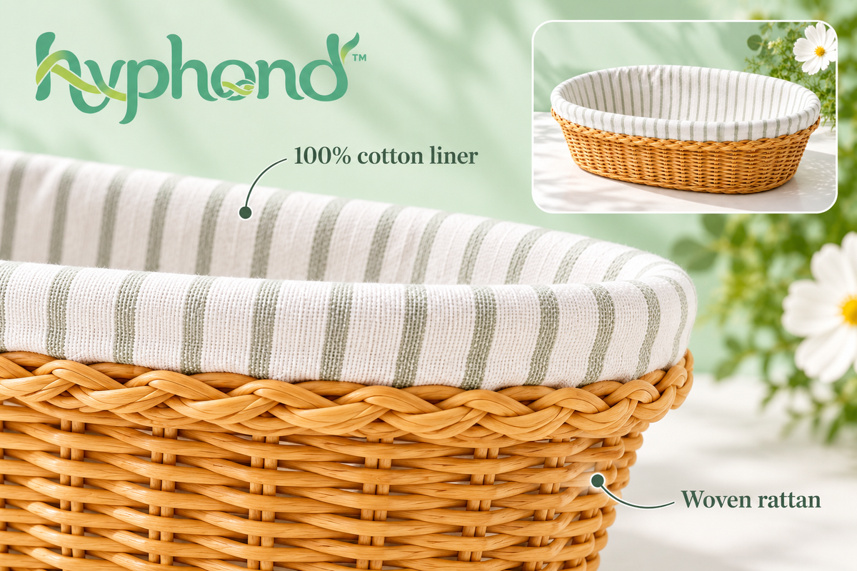 hyphond™ Morning Fold Rattan Bread Basket — Oval Tabletop Roll Basket with Removable Cotton Liner