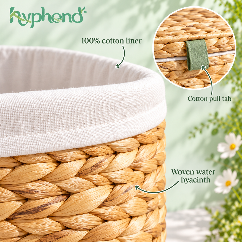 hyphond™ Sunday Reed Woven Water Hyacinth Laundry Hamper — Lidded Clothes Basket with Removable Cotton Liner
