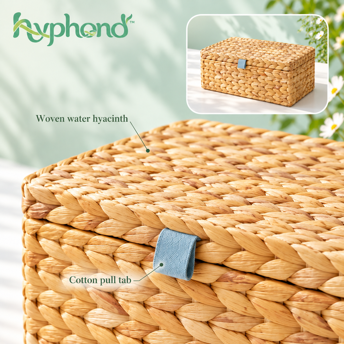 hyphond™ Ribbon Row Woven Water Hyacinth Storage Box — Rectangular Lidded Organizer for Remotes, Cables & Shelf Storage