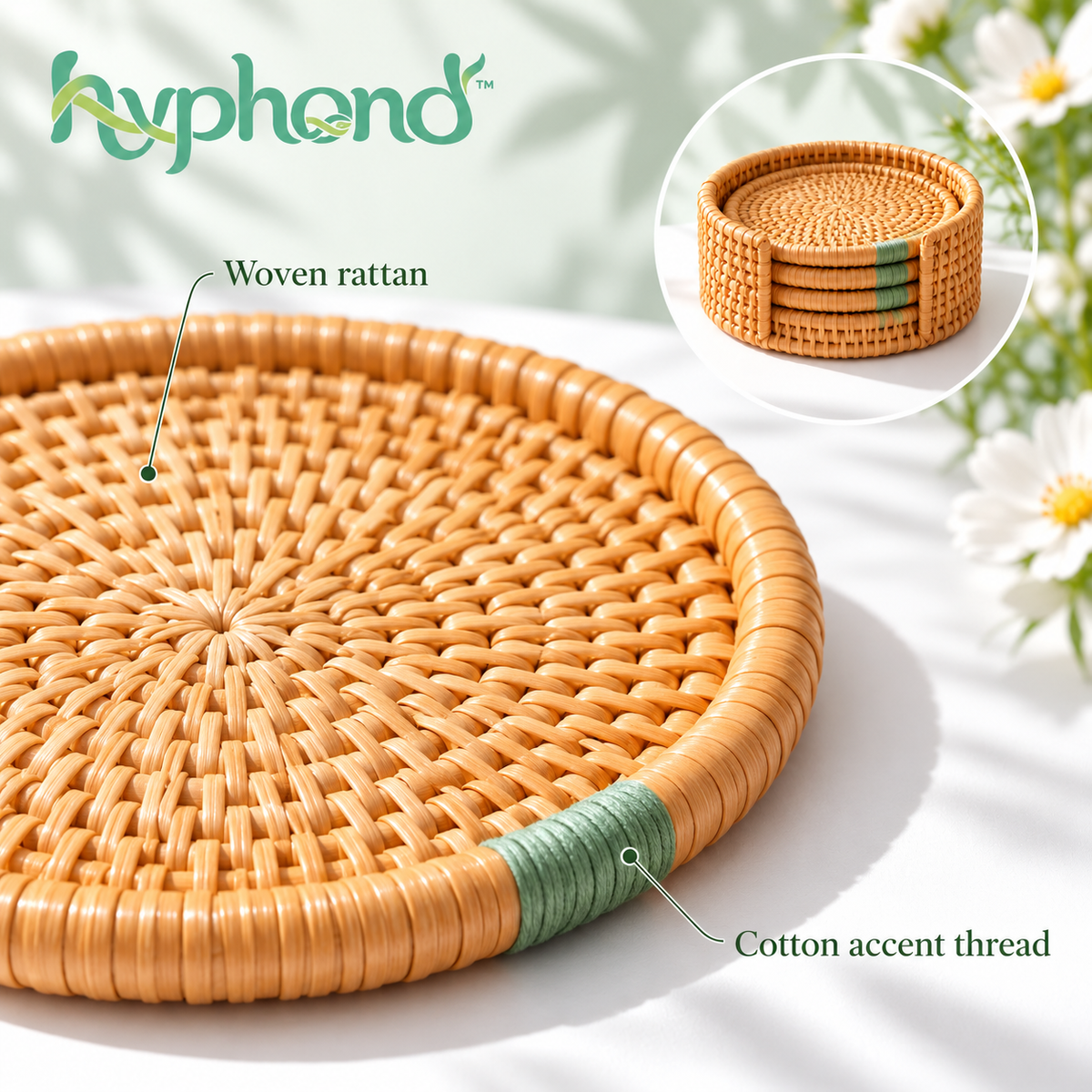 hyphond™ Dewdrop Ring Rattan Coasters with Holder, Set of 6 — Round Woven Drink Coasters for Coffee Tables & Desks