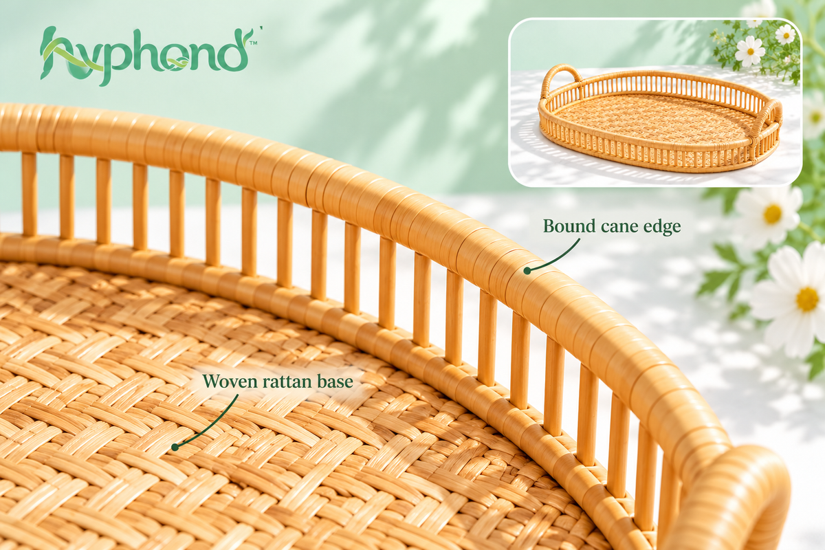 hyphond™ Willow Arc Rattan Tray with Handles — Oval Woven Coffee Table Tray & Countertop Organizer