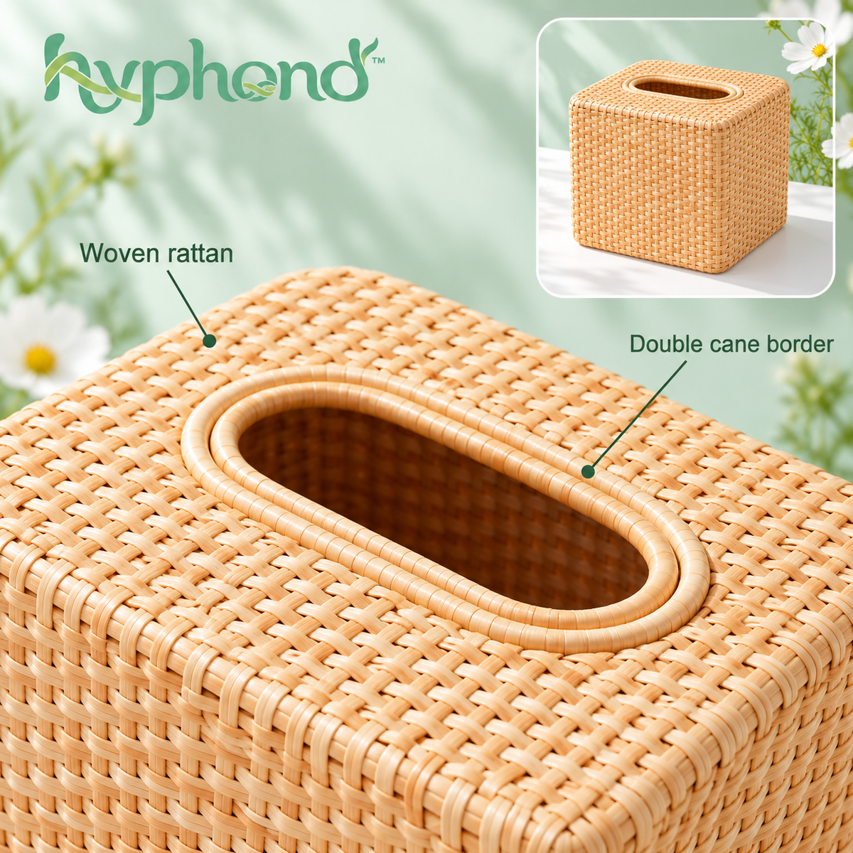 hyphond™ Quiet Square Rattan Tissue Box Cover — Woven Cube Tissue Holder for Bathroom Vanities, Bedrooms & Desks