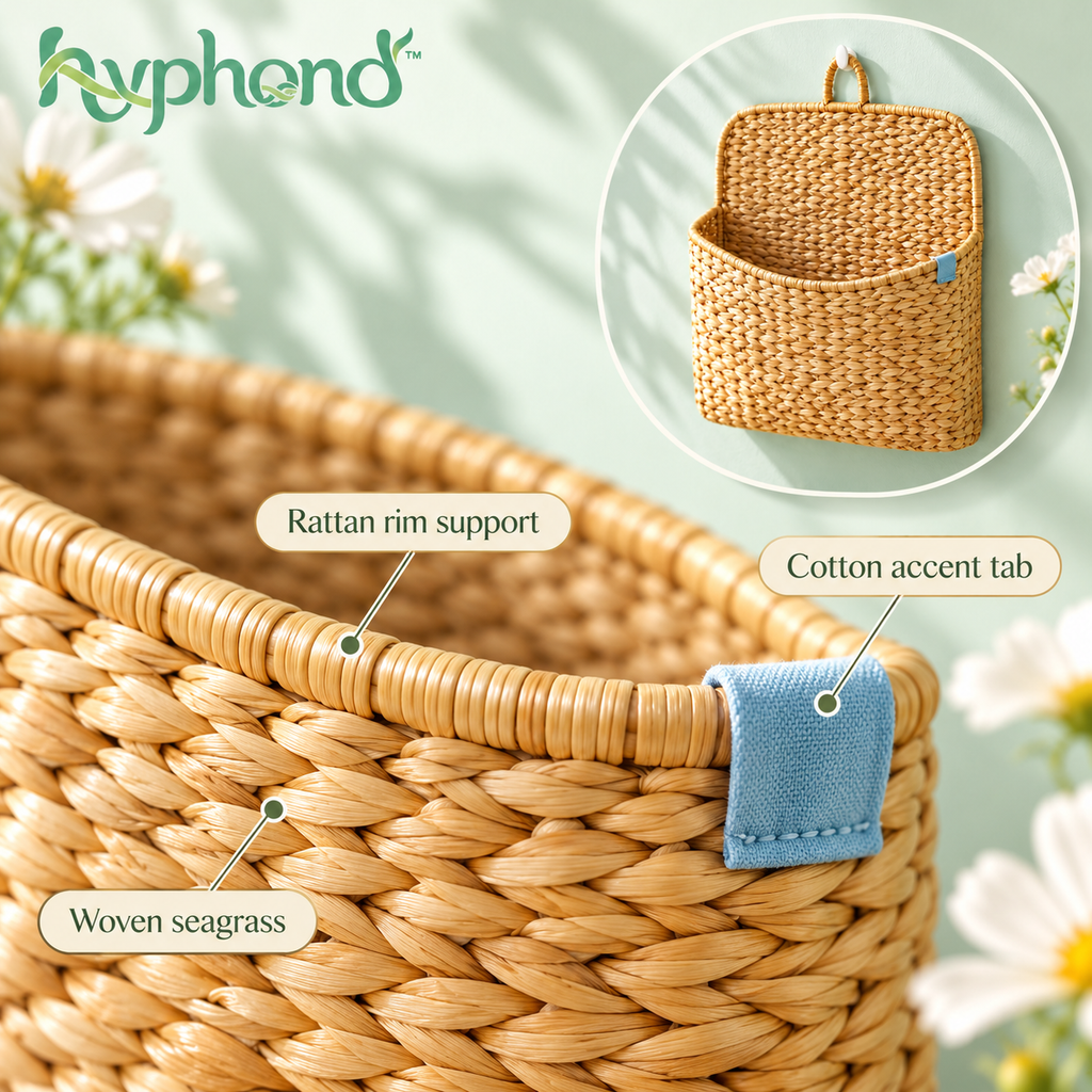 hyphond™ Letterleaf Woven Seagrass Wall Basket — Hanging Mail Organizer & Entryway Storage Pocket
