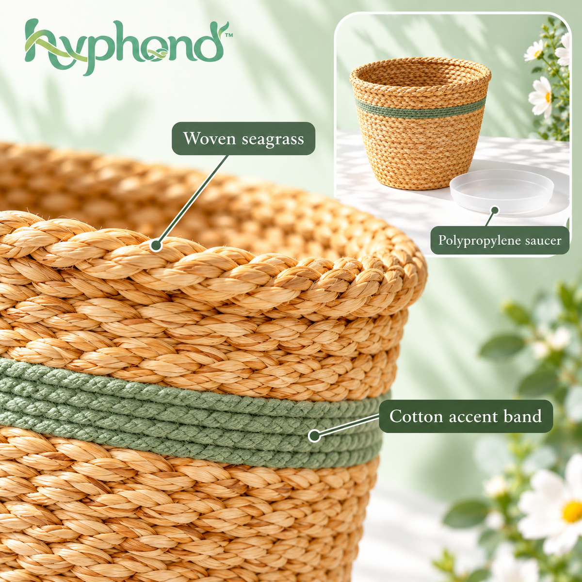 hyphond™ Fern Nest Woven Seagrass Planter Basket — Decorative Indoor Pot Cover with Removable Saucer for 8-Inch Nursery Pots