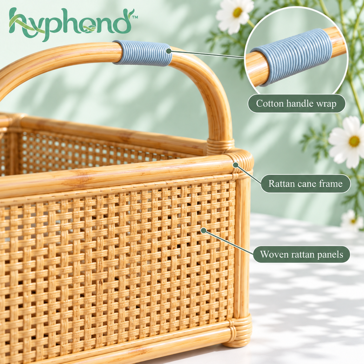 hyphond™ Page Harbor Rattan Magazine Holder — Freestanding Woven Book & Catalog Organizer with Carry Handle