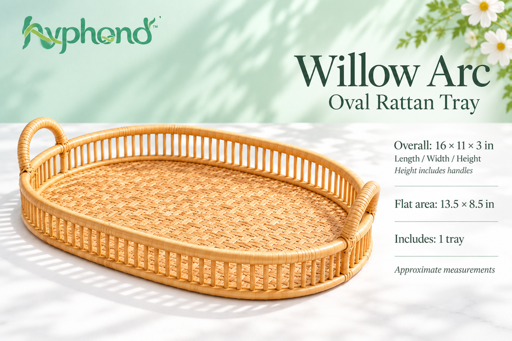 hyphond™ Willow Arc Rattan Tray with Handles — Oval Woven Coffee Table Tray & Countertop Organizer