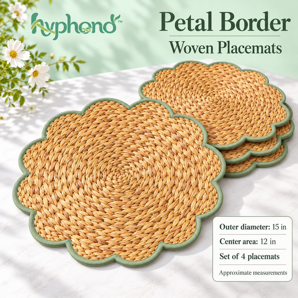 hyphond™ Petal Border Woven Water Hyacinth Placemats, Set of 4 — 15-Inch Round Natural Table Mats with Scalloped Edges