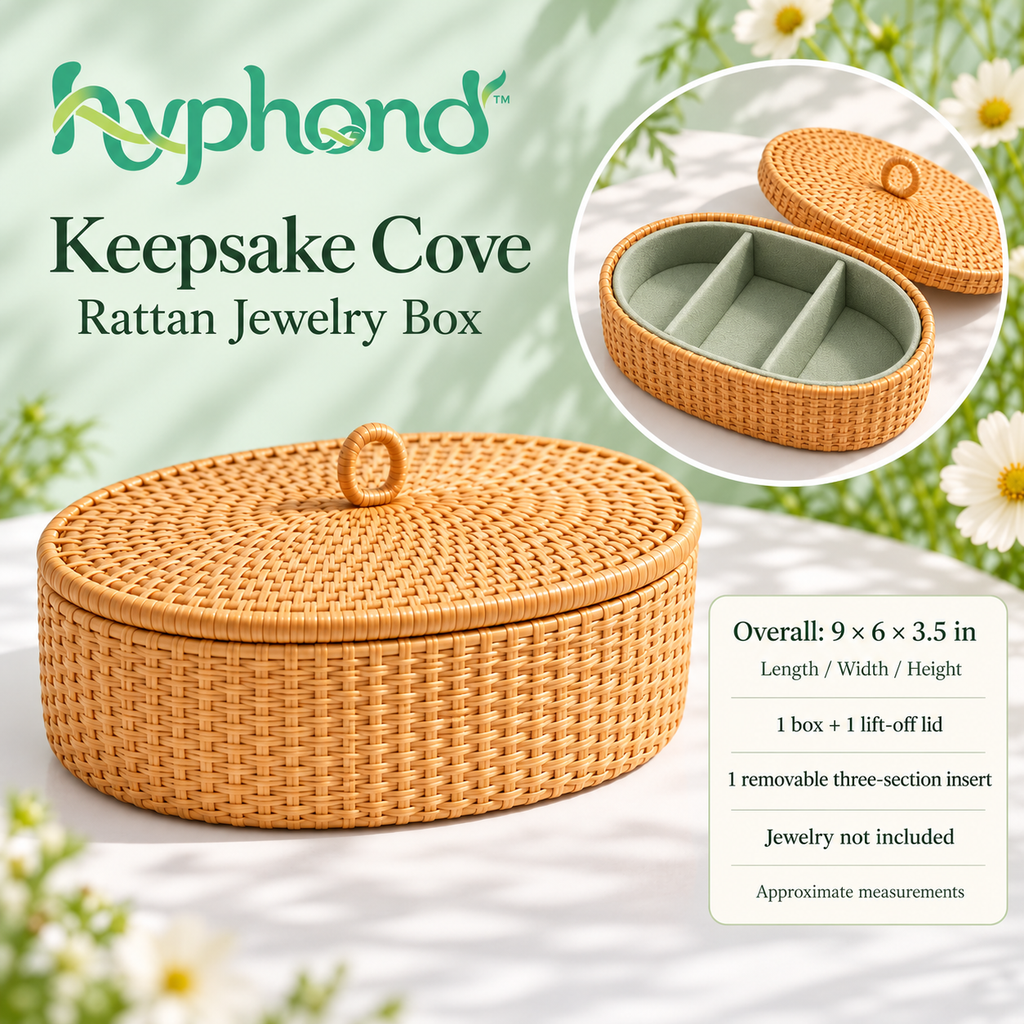 hyphond™ Keepsake Cove Rattan Jewelry Box — Oval Woven Trinket Organizer with Removable Cotton-Lined Insert