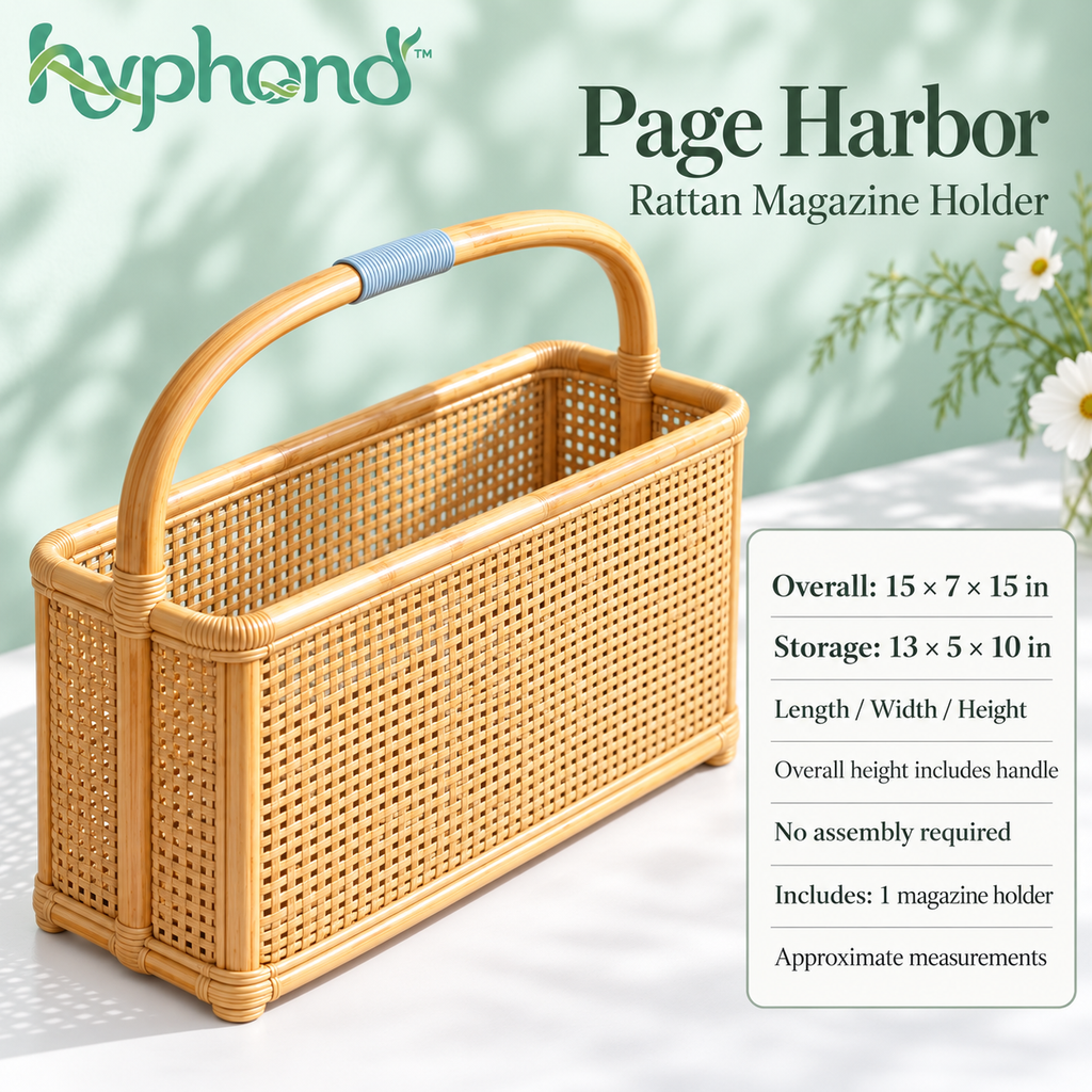 hyphond™ Page Harbor Rattan Magazine Holder — Freestanding Woven Book & Catalog Organizer with Carry Handle