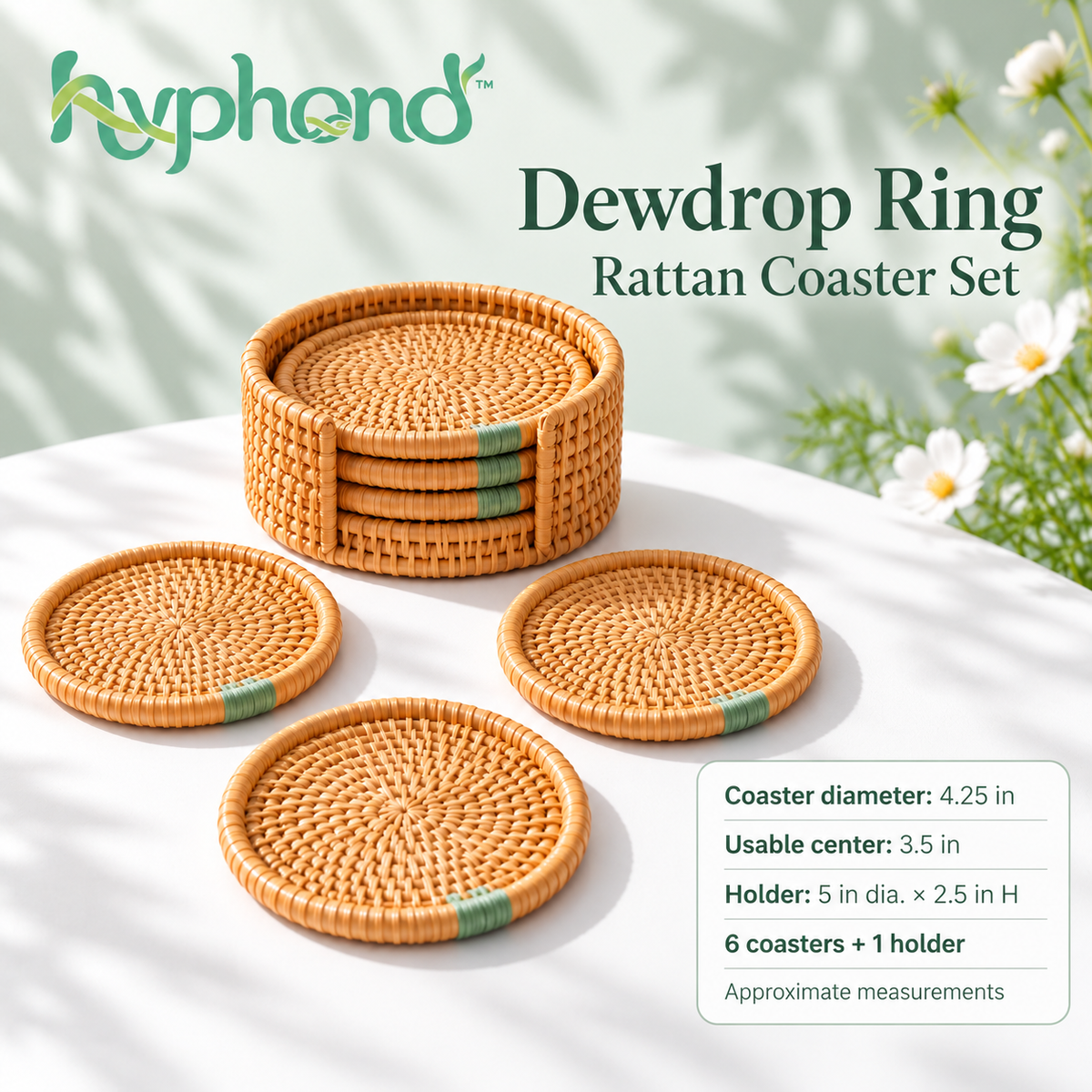 hyphond™ Dewdrop Ring Rattan Coasters with Holder, Set of 6 — Round Woven Drink Coasters for Coffee Tables & Desks