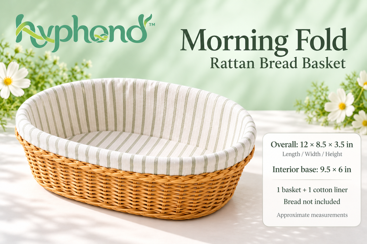 hyphond™ Morning Fold Rattan Bread Basket — Oval Tabletop Roll Basket with Removable Cotton Liner