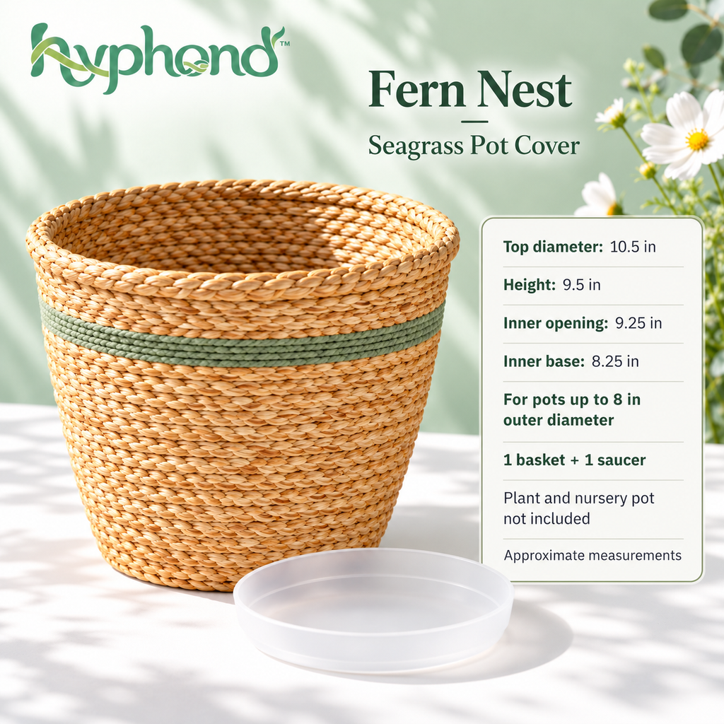 hyphond™ Fern Nest Woven Seagrass Planter Basket — Decorative Indoor Pot Cover with Removable Saucer for 8-Inch Nursery Pots