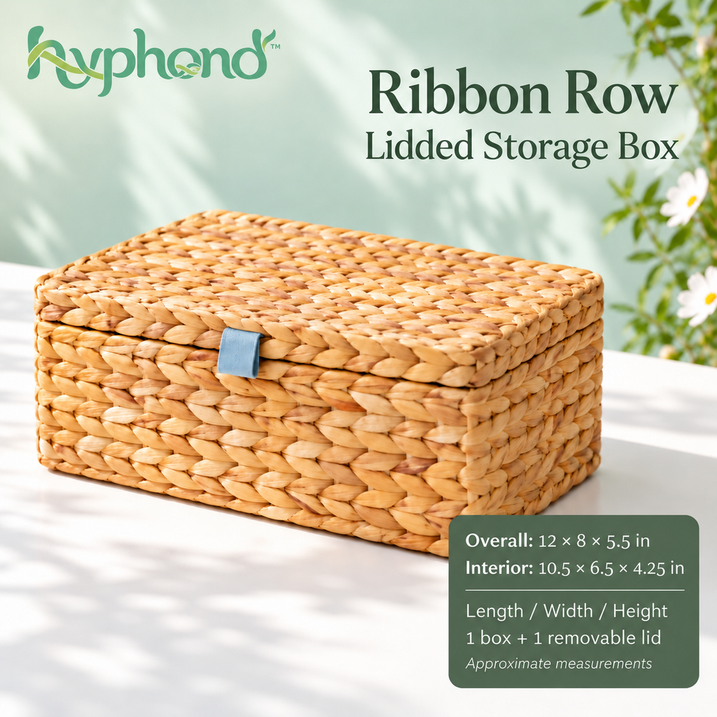 hyphond™ Ribbon Row Woven Water Hyacinth Storage Box — Rectangular Lidded Organizer for Remotes, Cables & Shelf Storage