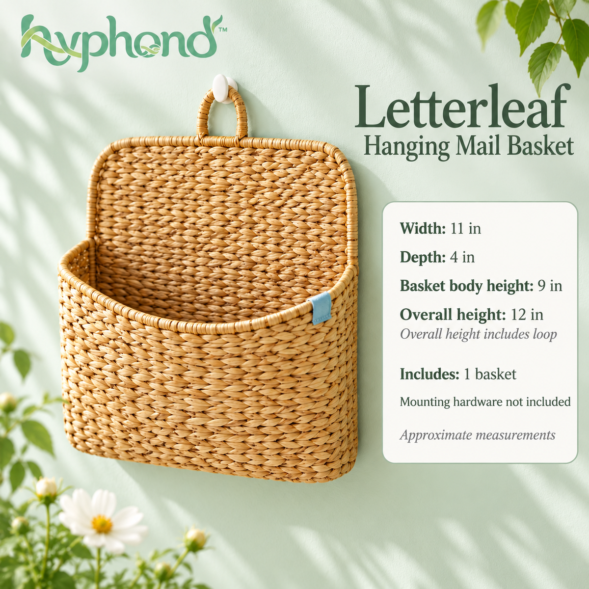 hyphond™ Letterleaf Woven Seagrass Wall Basket — Hanging Mail Organizer & Entryway Storage Pocket