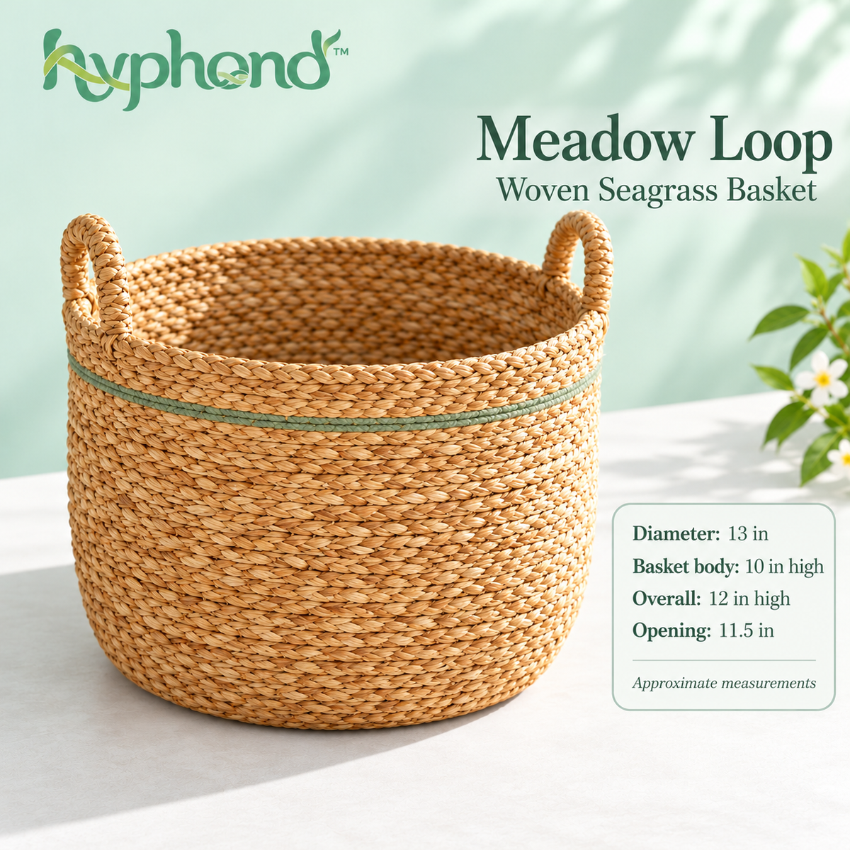 hyphond™ Meadow Loop Woven Seagrass Basket — Round Storage Basket with Handles for Throws, Towels & Living Room Organization