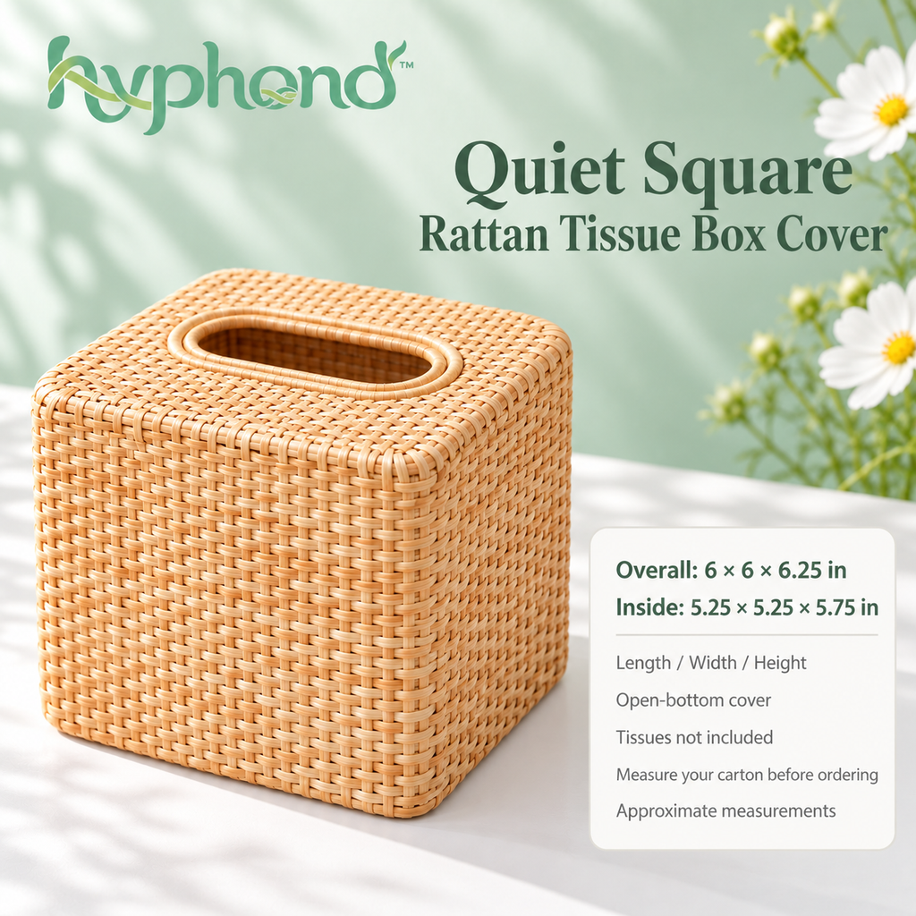 hyphond™ Quiet Square Rattan Tissue Box Cover — Woven Cube Tissue Holder for Bathroom Vanities, Bedrooms & Desks